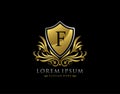 Luxury Shield F Letter Logo. Graceful Elegant gold shield icon design