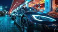 Luxury shiny car parked at store on city street at night, modern vehicle near building window. Urban reflections and neon lights Royalty Free Stock Photo