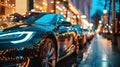 Luxury shiny car parked at store at night, modern vehicle near building window on city street. Urban reflections and neon lights Royalty Free Stock Photo