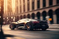 Luxury shiny sports car drives fast on city street, futuristic auto at sunset, generative AI
