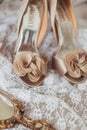 Luxury shoes and bride jewel on the sofa