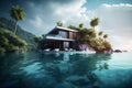 Luxury silk modern villa on tropic island with palms. Travel concept. AI generated