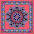 Luxury silk scarf or square carpet in ethnic style with beautiful flower mandala and gentle floral border