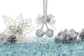 Luxury Silver jingle Bells, flower and Pine Cone on Snow