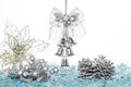 Luxury Silver jingle Bells, flower and Pine Cone on Snow