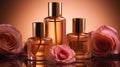 Luxury skincare in amber glass bottles with dusty pink rose background. Generative AI Royalty Free Stock Photo