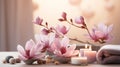 luxury spa with pool ,candles,magnolia flowers in cozy massage salon