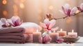 luxury spa with pool ,candles,magnolia flowers in cozy massage salon