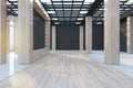 Luxury spacious wooden and concrete industrial warehouse interior with city view and daylight.