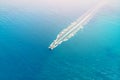 Luxury speed motor boat. Clear blue turquoise water. Aerial view Royalty Free Stock Photo