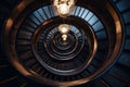 Luxury spiral staircase in the dark interior. 3d rendering, spiral staircase in the church. circular staircase from above. Royalty Free Stock Photo
