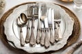 LUXURY SPOON AND FORKS IN WHITE PLATE ON WOODEN TABLE GENERATED BY AI TOOL Royalty Free Stock Photo