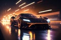 Luxury sport car drives on city street at night, futuristic car moves fast, generative AI