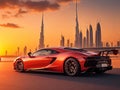 Luxury sport car in Dubai at sunset with nice city landscape