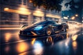 Luxury sports car drives on city street in rain, auto with headlight on at night, generative AI
