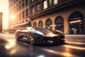 Luxury sports car drives fast on city street, shiny auto with headlight on at sunset, generative AI