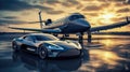 luxury sports car near private jet. Generative AI Royalty Free Stock Photo