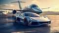 luxury sports car near private jet. Generative AI Royalty Free Stock Photo