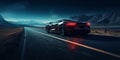 Luxury Sports Car On Night Highway. Futuristic Vehicle On Empty Road On Mountain Backdrop. Supercar At Nighttime Royalty Free Stock Photo