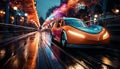 Luxury sports car speeds through city streets at night generated by AI Royalty Free Stock Photo