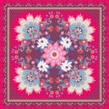 Luxury square carpet with mandala and paisley ornament, pink butterflies, flowers and beautiful border. Indian motif. Ethnic style