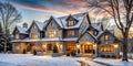 Luxury stone home illuminated at sunset in winter. Generative AI Royalty Free Stock Photo
