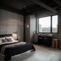 luxury studio apartment with a free layout in a loft style in dark colors. Stylish modern kitchen area with an island, cozy bedroo Royalty Free Stock Photo