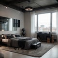 luxury studio apartment with a free layout in a loft style in dark colors. Stylish modern kitchen area with an island, cozy bedroo Royalty Free Stock Photo