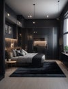luxury studio apartment with a free layout in a loft style in dark colors.