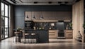 Luxury studio apartment with a premium contemporary kitchen loft style in dark colors Royalty Free Stock Photo