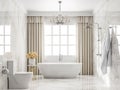 Luxury style bathroom with white marble tile 3d render,decorated with beige curtains. Royalty Free Stock Photo