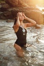 Luxury Summer Fashion. Woman With Body In Black Swimsuit Royalty Free Stock Photo