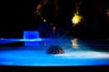 Luxury Summer Resort with Pool with a Fountain. Peaceful Atmospheric Night in a Natural Environment.