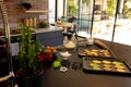 Luxury, sunny kitchen with freshly baked christmas cookies in baking trays on worktop