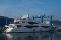 Luxury Sunseeker yacht nearing completion in dock Poole Harbour Royalty Free Stock Photo