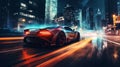 luxury super car driving on wet street night city, surrounded by skyscrapers and colorful lights Royalty Free Stock Photo