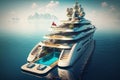 Luxury super yacht with a swimming pool and a jacuzzi. Big luxury yacht anchoring in ocean, Generative AI