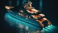 Luxury super yacht a swimming pool and a jacuzzi, navigates into beautiful blue water sea. generative ai