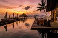 Luxury swimming pool in tropical resort, relaxing holidays in Seychelles islands. La Digue, sunset by swimpool