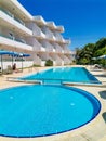 Luxury swimming pools in a modern hotel sunny day Greece Rhodos