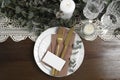 Luxury table setting with beautiful decor and blank card, flat lay. Festive dinner Royalty Free Stock Photo