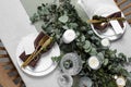 Luxury table setting with beautiful decor and blank cards. Festive dinner Royalty Free Stock Photo