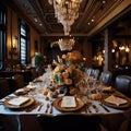 Luxury table setting for wedding or another catered event dinner. generative ai