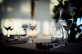 LUXURY TABLE SETTINGS 2019 for fine dining with and glassware, beautiful blurred background. For events, weddings. Preparation f Royalty Free Stock Photo