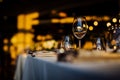 LUXURY TABLE SETTINGS 2019 for fine dining with and glassware, beautiful blurred background. For events, weddings. Preparation f Royalty Free Stock Photo