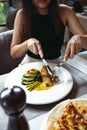 Luxury table settings for fine dining served and decorated table with food for guests in the restaurant Royalty Free Stock Photo