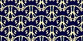 Luxury Textile Texture. Indigo Golden Seamless Ornament. Royal Blue Ethnic Design. Geometric Brocade Print. Abstract Tapestry