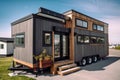 luxury tiny house with modern interior and amenities, including stainless steel appliances and marble countertops