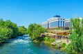 The hotel at the Lower Duden Waterfall, Antalya, Turkey Royalty Free Stock Photo