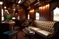 luxury train, with bar and lounge area, featuring intricate woodwork and plush seating